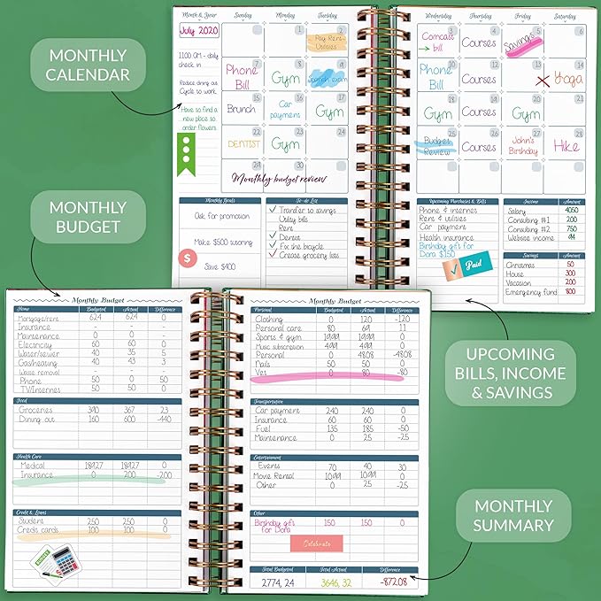 GoGirl Budget Planner & Monthly Bill Organizer – Monthly Financial Book with Pockets. Expense Tracker Notebook Journal, Compact (Dark Green)
