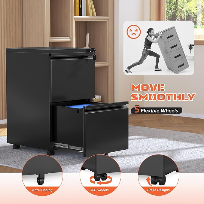 INTERGREAT Mobile File Cabinet with Lock,Under Desk Rolling Metal Filing Cabinet for Home Office, Black 2 Drawer File Cabinets with Wheels for Legal/Letter/A4 File