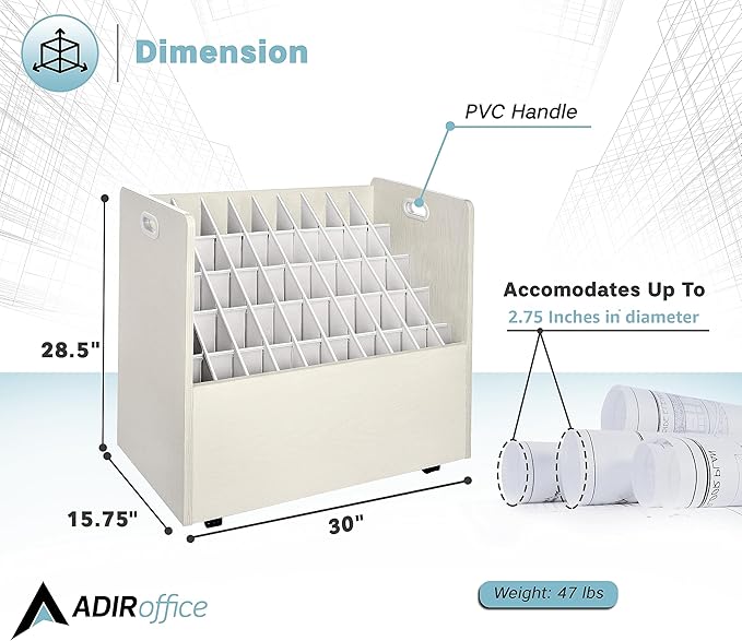 AdirOffice Adir Blue Print Storage Organizer - Mobile Roll File Cart, Construction Plan Holders, Blueprint Cabinet with Wheels, Roll Files Storage for Office and Home (50 Slots, White)