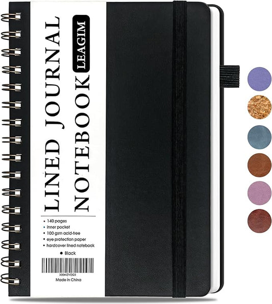 Lined Spiral Journal Notebook for Women & Men, College Ruled Hardcover Notebook for Work & Note Taking, Journals for Writing, 100 GSM, Business, School, 140 Pages, A5(5.8"x8.5") - Black