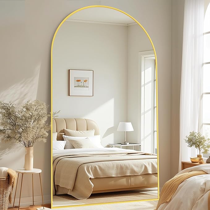 Full-Length Floor Mirror with Stand, 81"x41" Arched Style Full Body Standing Mirror for Bedroom, Living Room, Gym, Dorm - Shatter-Resistant & Easy Assembly, Gold