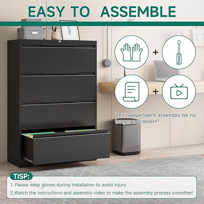 Metal Steel Filling Cabinets for Home Office - 4 Drawer Lockable Lateral File Cabinet for Hanging Files Letter/Legal/F4/A4 Size, Assembly Required - Black