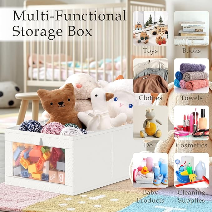 Criusia 4 Pack Closet Organizers and Storage, Large Linen Closet Baskets for Organization, Foldable Storage Containers for Towels, Clothing, Jeans, Books, Shelves, White