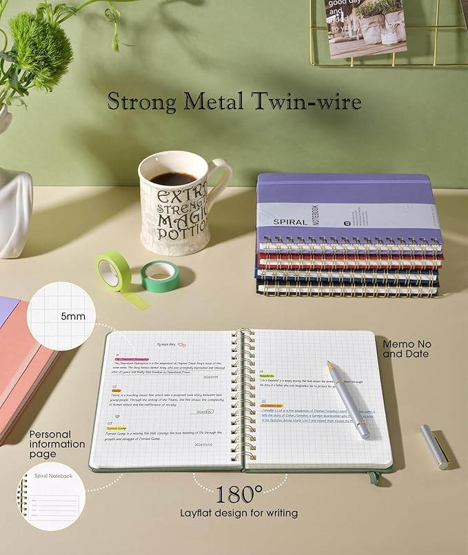 Graph Spiral Journal Notebook, A5 Hardcover Spiral Journals for Women Men, 100 GSM Graph Paper Notebooks, 150 Pages Spiral Bound Grid Notebook for Writing Note Taking Work 5.75" x 8.38", Sage Green