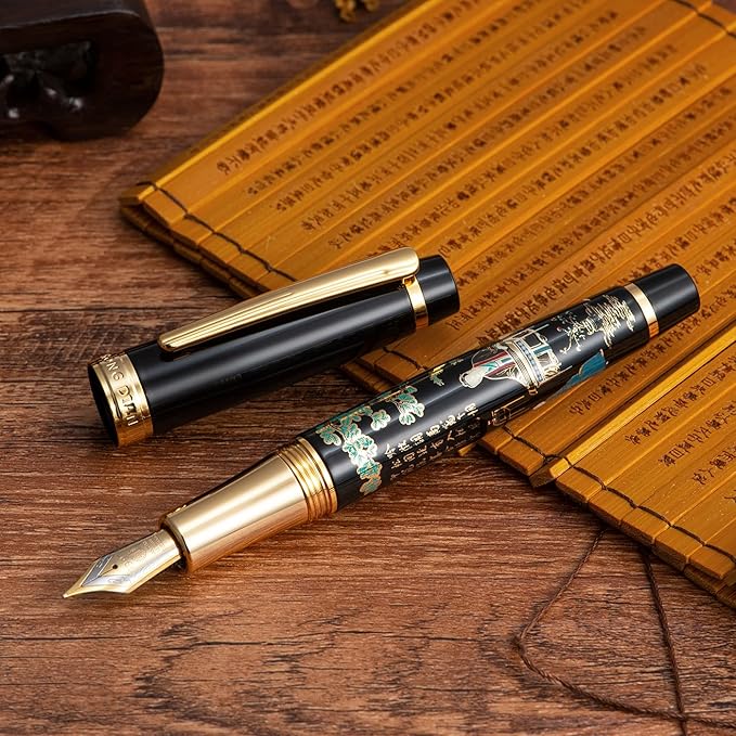 Hongdian 231 Chinese Classical Fountain Pen, Iridum Fine Gold Nib with Chinese Painting Design, Smooth Writing Pen with Ink Converter and Metal Pen Box Set