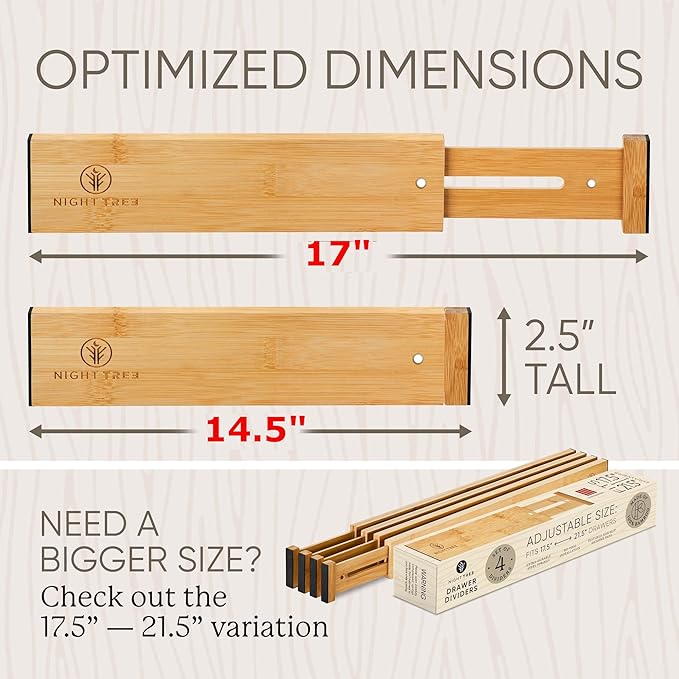Night Tree Expandable Bamboo Drawer Dividers – Spring-Loaded Wooden Organizers for Clothes, Kitchen Utensils, Bathroom, and Dresser Drawers (14.5" to 16.5")