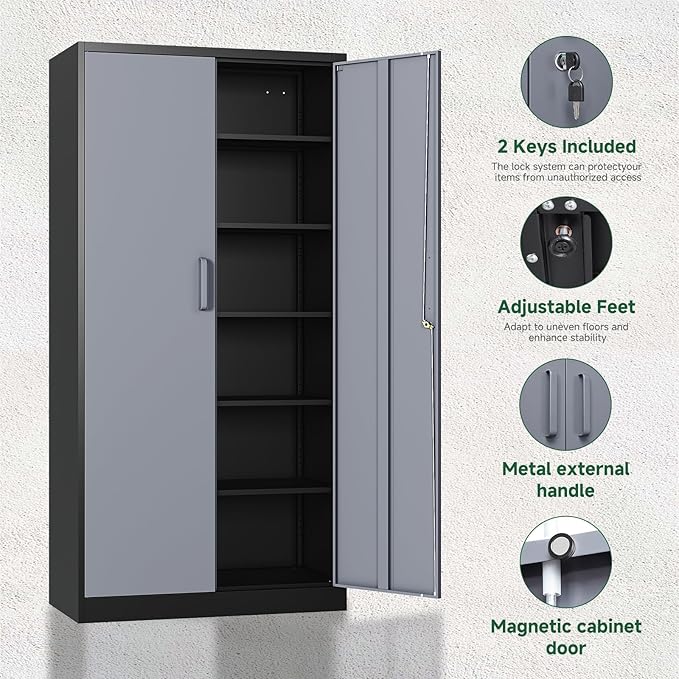 Letaya Metal Storage Cabinets with Lock Door and 5 Adjustable Shelves, Steel Garage Tool Organization Cabinets for Home,Utility Room, Warehouse,Lockers(71"-Black Gray)