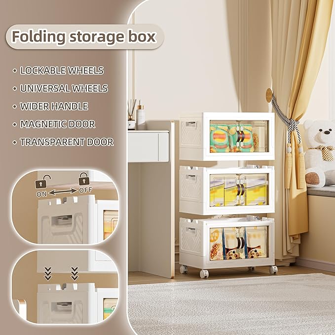 80 QT / 20 Gal Multi-Purpose Stackable Storage Cabinet: Double Magnetic Doors, Foldable, Wheels Included, Leather Handles - Ideal for Pantry, Laundry Room, Dorm