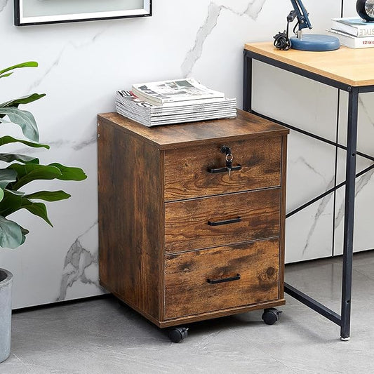 File Cabinet with Lock 3 Drawer Mobile Filing Cabinet with 360° Swivel Wheels, Under Desk Storage Cabinet Wooden File Organizer for Legal/Letter/A4 Documents, Home Office Storage (Brown)