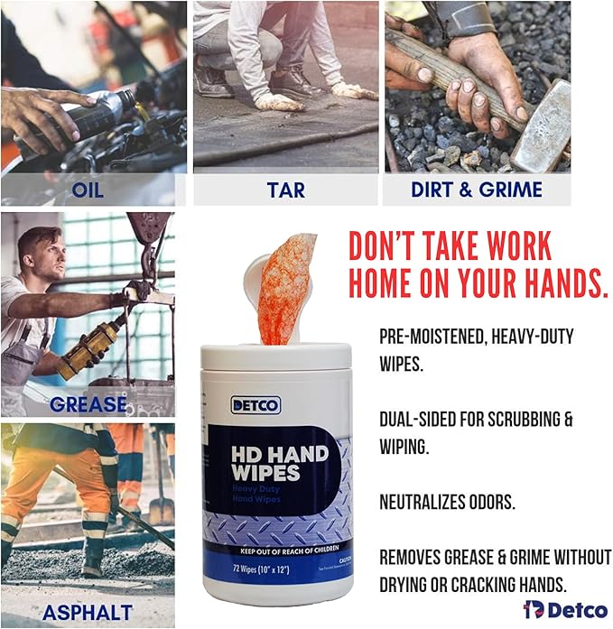 Hand and Tool Wipes, Heavy Duty Tool Cleaning Wipes, Hand Cleaning Wipes, Degreasing, Waterless Hand Cleaner, Dual Surface, Work Surface Wipes - 72 Count