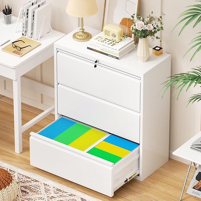 Bonusall 3 Drawer Lateral File Cabinet with Lock, Locking Metal lateral Filing Cabinet for Office Steel lateral File Cabinet, Large Horizontal File Cabinet Locked by Keys-White