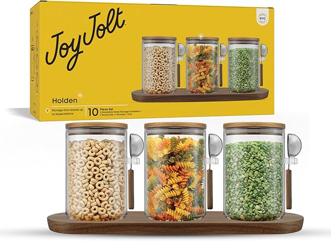 JoyJolt Holden 32oz Stackable Glass Storage Containers with Lids Scoops and Tray, Clear Airtight Food Canister Set of 3 w/Acacia Wood Lids, Round Stacking Pantry and Kitchen Containers w/Scoop