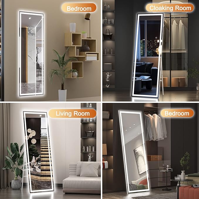 Hasipu Full Length Mirror with Lights, 65" x 20" LED Floor Mirror, Full Body Dressing Standing, Hanging Mounted Mirror for Living Room Bedroom Cloakroom, Square White
