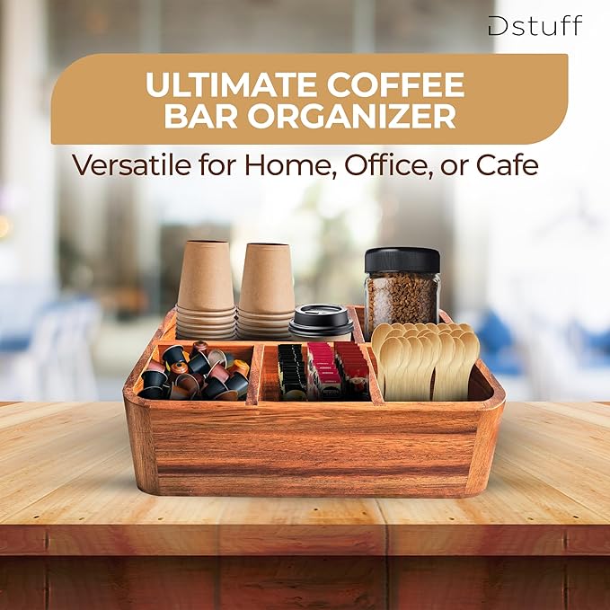 Dstuff Acacia Wood Coffee Station Organizer for Countertop, Tea Organizer and Holder, Coffee Bar Caddy with Multiple Compartments for Home and Office Decor