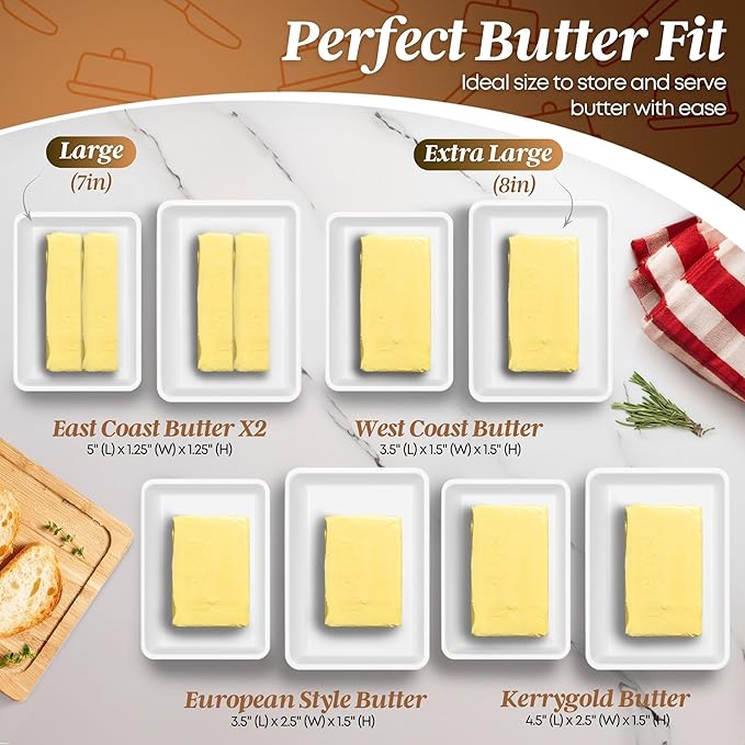 Flexzion Ceramic White European Butter Dish with Lid for Countertop (8 Inch) - Wide 2 Stick Double Butter Holder for Counter, Cream Cheese Container Storage Keeper