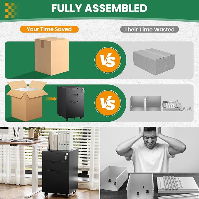 Mobile File Cabinet,3 Drawer Locking Storage Filing Cabinet,Office Metal Storage Cabinet on Wheels for Legal/Letter/A4 File(Fully Assembled，Black)