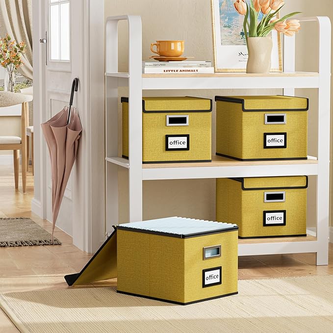 Huolewa Collapsible File Storage Organizer Box with Lid, Linen Document Storage Organization, Universal Hanging Filing Box for Letter/Legal Folder, Decorative Office/Home File Bins - yellow, box only