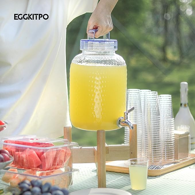 EGGKITPO 1.5 Gallon Drink Dispensers with Spigot and Elegant Stand for Parties Polycarbonate Lemonade Dispenser with Wood Stand Blue Cover Iced Beverage Dispenser for Water Punch Juice BPA FREE