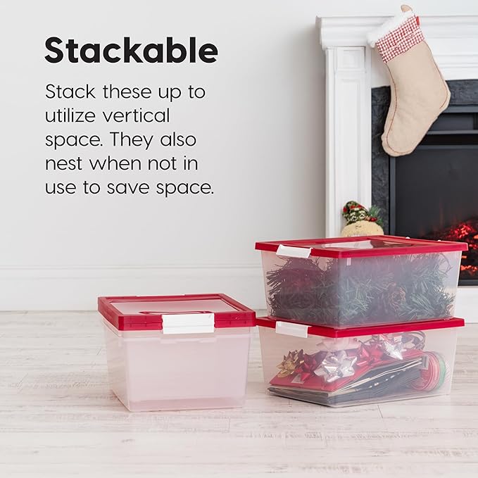 IRIS USA 12 Qt. Plastic Storage Bins Containers with Lids, 4 Pack, Sensory Bin, Craft Storage, Craft Organizers and Storage, Organizing Container for Home, Office School Supplies, Stackable, Clear/Red