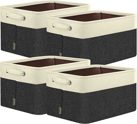 BALEINE 4 Pack Fabric Storage Bins for Shelves, Linen Storage Baskets for Organizing, Decorative Closet Bins for Clothes, Home (Black, 14''x10''x8.5'')