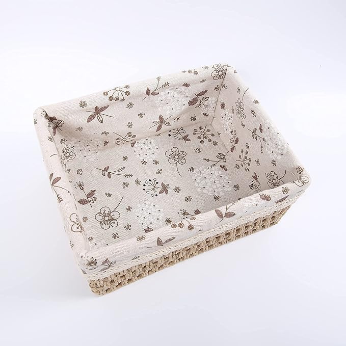 YRMT Storage Baskets Set of 3,Decorative Paper Rope Woven storage Baskets with Liner,Rectangular Storage Bins Container for Makeup Bedroom Shelves Organizing,Home Deco, Beige