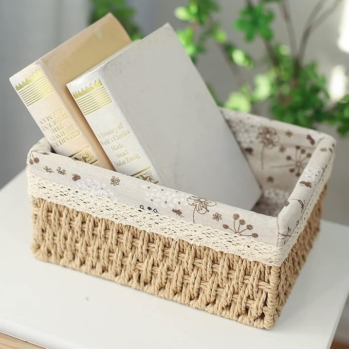 YRMT Storage Baskets Set of 3,Decorative Paper Rope Woven storage Baskets with Liner,Rectangular Storage Bins Container for Makeup Bedroom Shelves Organizing,Home Deco, Beige
