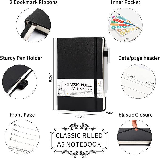 5 Pack Journal Notebook Bulk for School, Feela Hardcover Business Notebooks Classic Ruled Lined Journals with Pen Holder for Work Note Taking, with 5 Black Pens, 120 GSM, 5.1”x8.3”, A5, Black