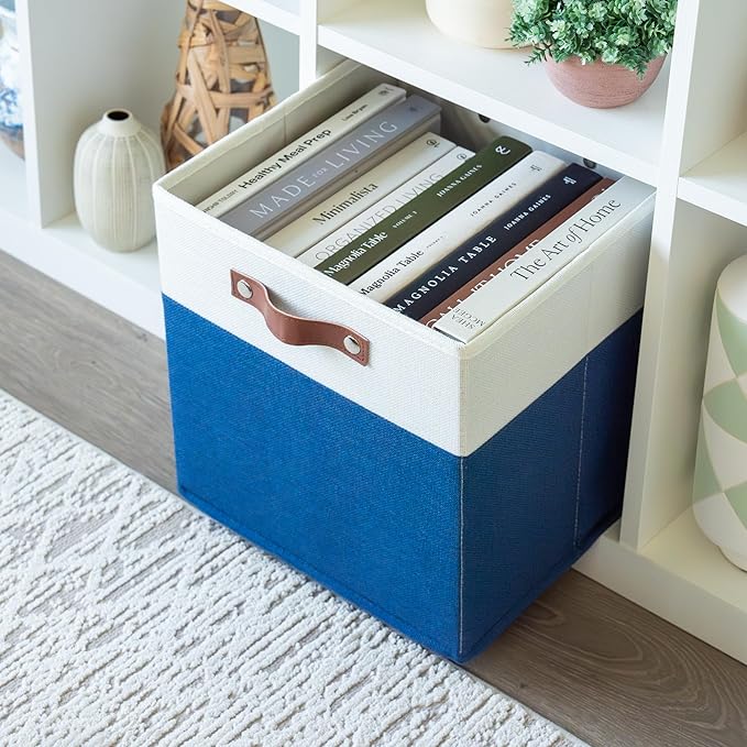 OrganiHaus 12" x 12" x 12" Fabric Cube Storage Bins - Set of 4, Cube Fabric Organizer Bins with Vegan Handles, Kallax Storage Cubes, 12 Inch Cubic Baskets for Shelves - Navy Blue