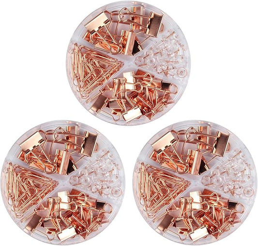 Paper Clips and Binder Clips Set, 3 Pack, 216 pcs, Metal Assorted Sized Binders with Push Pins, Cute Rose Gold Office Supplies for Desk, Desk Accessories