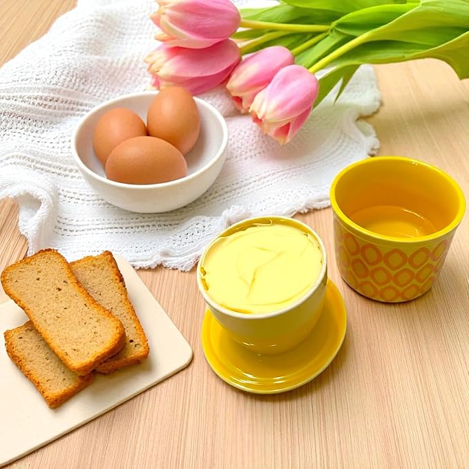 Butter Crock with Lid for Countertop, Butter Keeper Crock with Water, French Butter Dish Ceramic, Butter Holder with Lid for Spreadable Butter, Butter Container for Counter (Yellow Ovals)