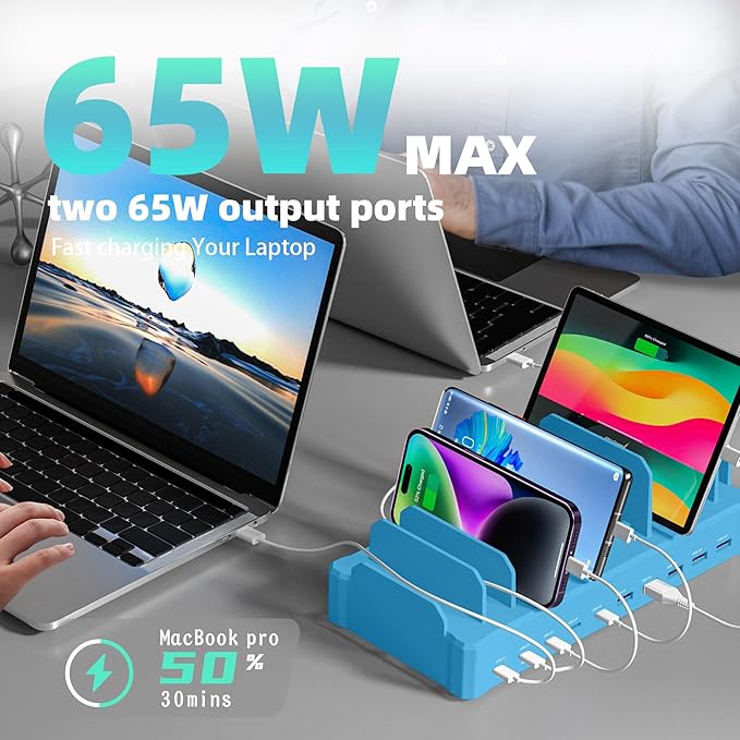 320W Charging Station for Multiple Devices, Zobirez 10-Port USB C Fast Charger Stations for MacBook, iPhone, Android Cell Phone, iPad, Tablet, Family Multi-Device Organizer Charging Dock, Blue