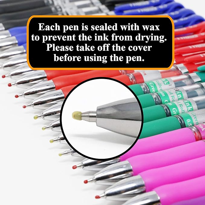 THINK2MASTER [24 Pens - 4Black, 4Blue, 4 Red, 4 Green, 4 Pink, 4Purple Ink] Think2 Retractable Gel Pens. Assorted Colors Fine Point (0.5mm) Rollerball Pens with Comfort Grip.