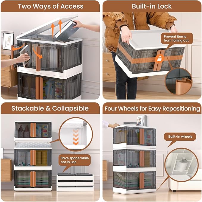 LCG 3-Tier Foldable Plastic Storage Bins with Lids and Doors, 25 Gallon (8.4 Gal x 3pack), Stackable Organizer Drawer (Medium)