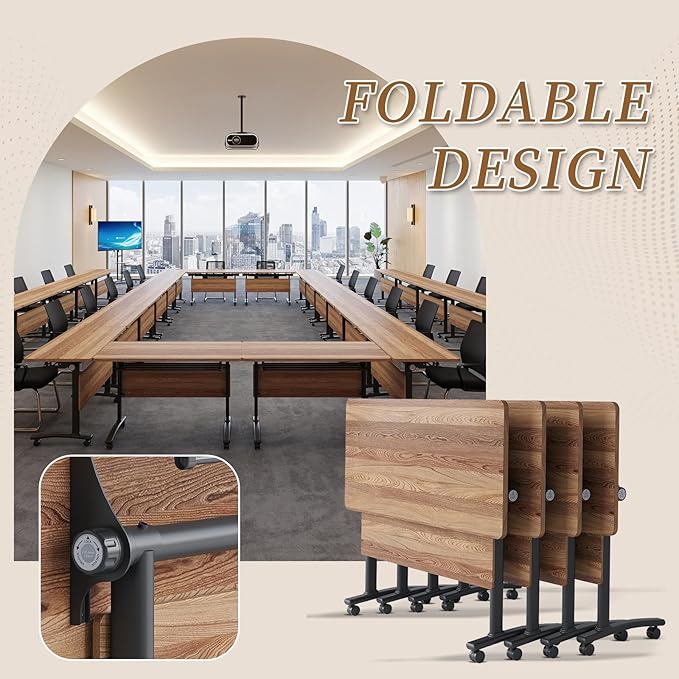 Folding Conference Room Table, Modern Conference Tables with Silent Wheels, Large Rectangular Mobile Training Tables for Office Classroom, Foldable Modular Boardroom Seminar Table (10pack L47.2in)