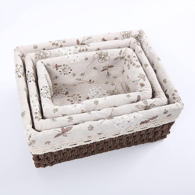 Storage Baskets Set of 3,Decorative Paper Rope Woven storage Baskets with Liner,Rectangular Storage Bins Container for Makeup Bedroom Shelves Organizing,Home Deco, Brown