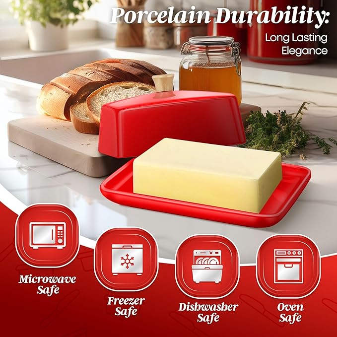 Flexzion Ceramic Red European Butter Dish with Lid for Countertop (7 Inch) - Wide 2 Stick Double Butter Holder for Counter, Cream Cheese Container Storage Keeper