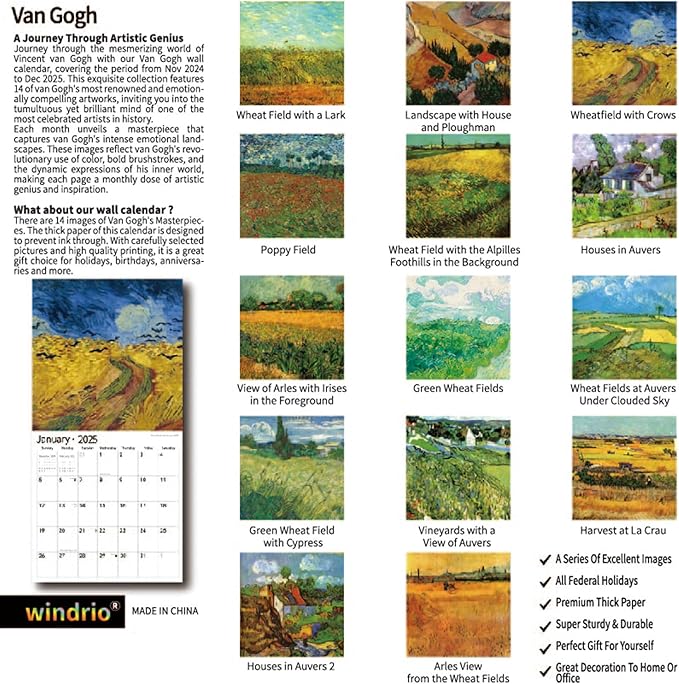 2025 Wall Calendar,Calendar 2025, January 2025 - December 2025, Wall Calendar Vincent van Gogh Painting, 12" x 24" Opened,Full Page Months Thick & Sturdy Paper for Calendar Organizing & Planning