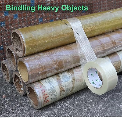 BOMEI PACK 12PACK Strapping Tape 2Inch, Heavy Duty Fiberglass Reinforced Packing Tape, 5.5Mil x 60Yds