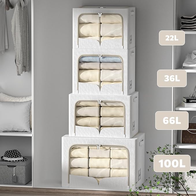 FHSQX 3 Pack Clothes Storage Bins Foldable Metal Frame Storage Box Stackable Linen Fabric Container Organizer Set with Carrying Handles and Clear Window (Cream White, 15.7x11.8x11.8inch(36L))