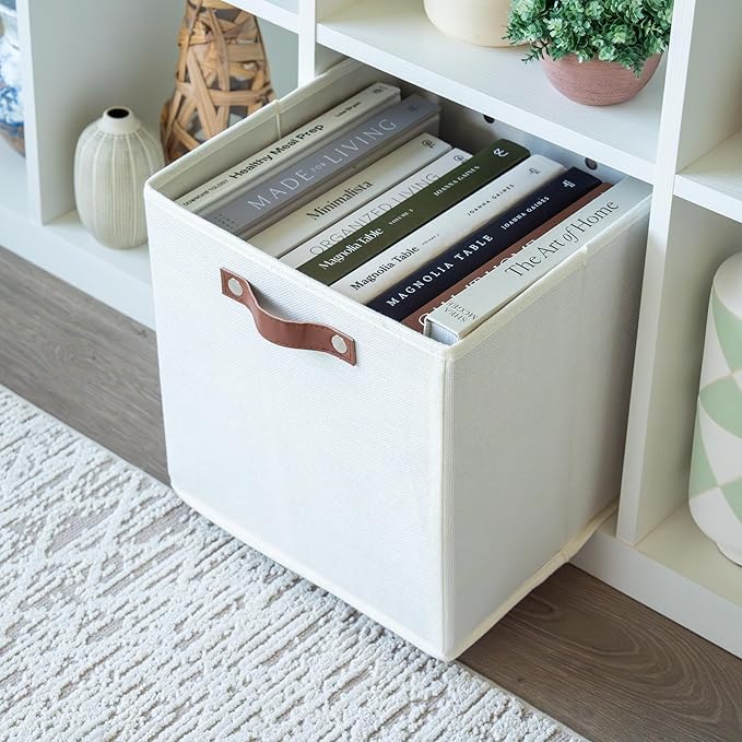 OrganiHaus White 12" x 12" x 12" Fabric Cube Storage Bins - Set of 4, Cube Fabric Organizer Bins with Vegan Handles, Kallax Storage Cubes, Cubbies Organizer Boxes, 12Inch Cubic Baskets for Shelves