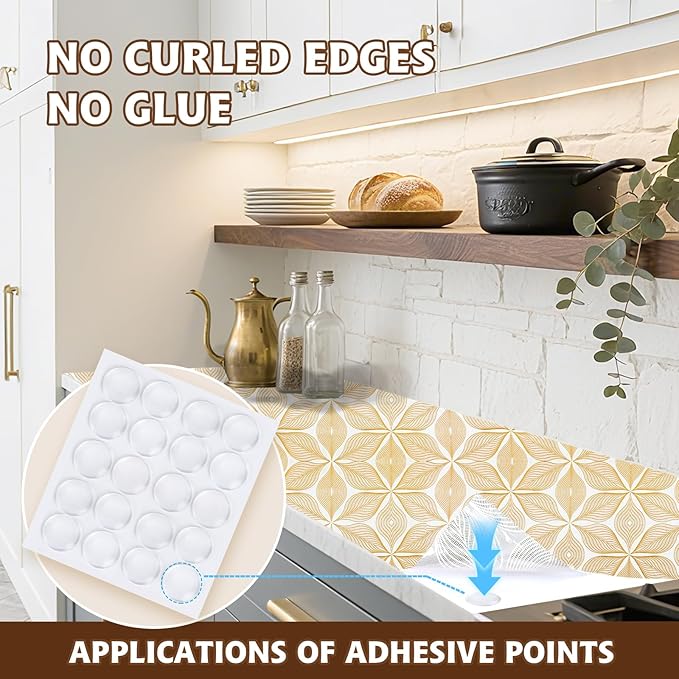 Drawer and Shelf Liner for Kitchen Cabinet,Non-Adhesive Waterproof Drawer Liner for Dresser & Bathroom Vanities with Adhesive Dots & Cutting Tool(18 in X 30 Ft Gold Leaf Pattern)