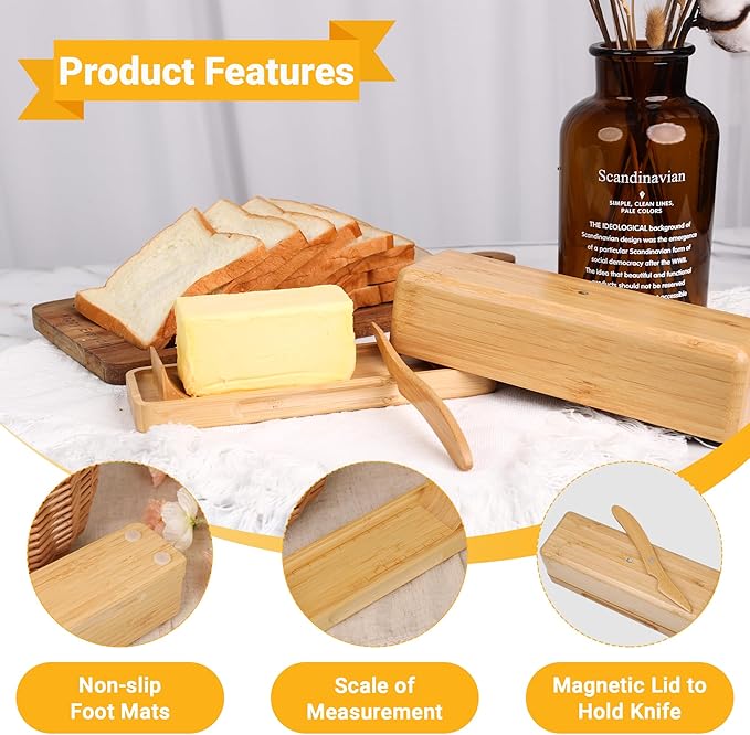 Bamboo Butter Dish with Lid for Countertop Butter Container for Fridge Magnetic Butter Holder with Knife for East and West Coast Butter By beardo decor