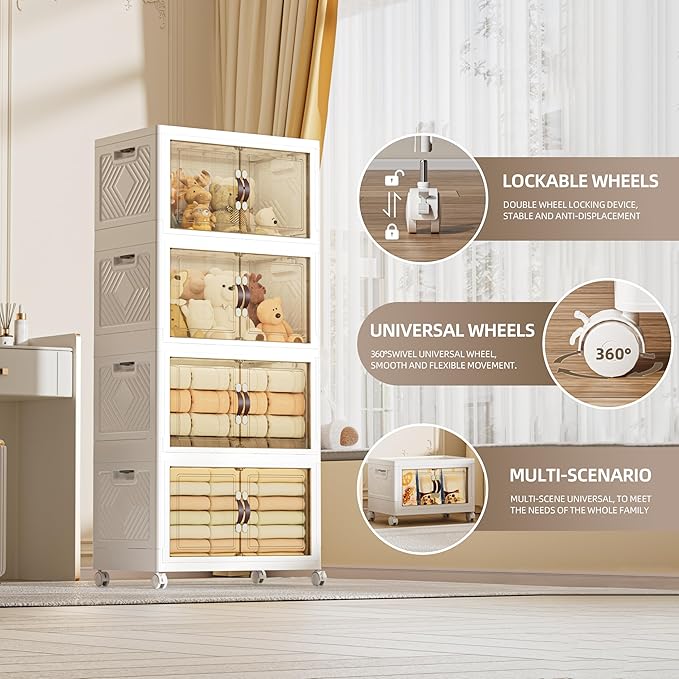 268 QT / 67 Gal Extra Wide Foldable Plastic Cabinet with Double Magnetic Doors & Leather Handles - Stackable, 4 Locking Wheels, Space Saving Storage for Small Spaces