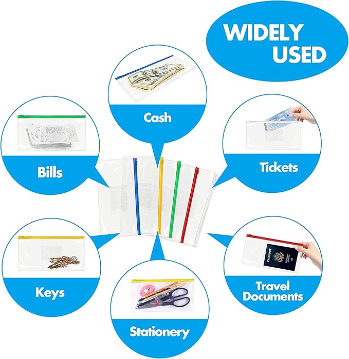 26 Clear Zip Envelope File Bill Document Bag Pocket Pencil Case with Tag Pocket, 5 Assorted Colors, 9.1” x 4.7”fit A6 Sheets