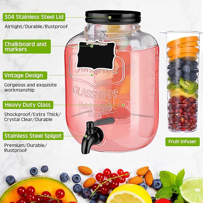 Lallisa 3 Pcs 2 Gallon Glass Drink Dispenser with Stand and Lid Mason Jar Beverage Dispenser with Stainless Steel Spigot, Hanging Chalkboard Signs, Fruit Infuse, Ice Cylinder, Liquid Pen (Black)