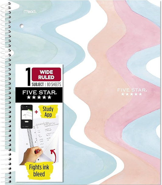 Five Star Spiral Notebook + Study App, 1 Subject, Wide Ruled, 8" x 10-1/2", 80 Sheets, Fights Ink Bleed, Water Resistant Cover, Pastel Waves (930060F)