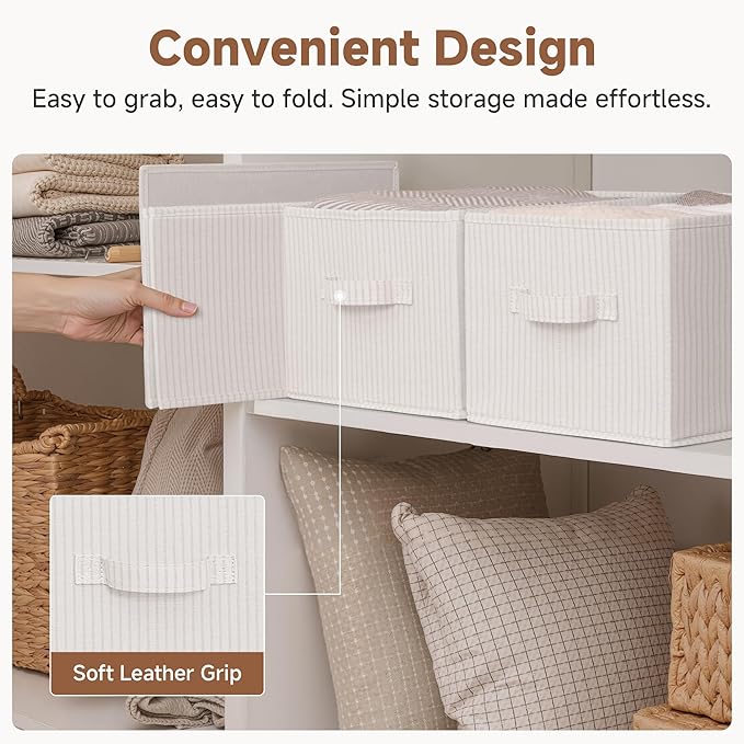 StorageWorks Storage Baskets for Shelves, Foldable Fabric Closet Storage Bins with Handles, Fabric Storage Bins Clothes Organizer, Beige Stripes, 3-Pack, Large