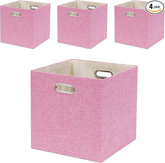 Pink Cube Storage Organizer Bins 13x13x13 Inch, 4 Pack Collapsible Organization Baskets with Handles, Thick Fabric Foldable Storage Boxes for Kallax Shelf Bookcase Closet Cabinet