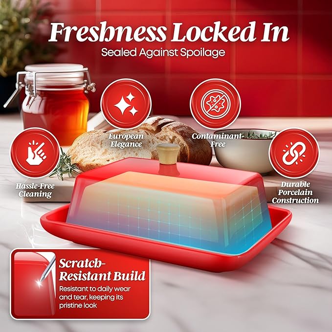 Flexzion Ceramic Red European Butter Dish with Lid for Countertop (7 Inch) - Wide 2 Stick Double Butter Holder for Counter, Cream Cheese Container Storage Keeper