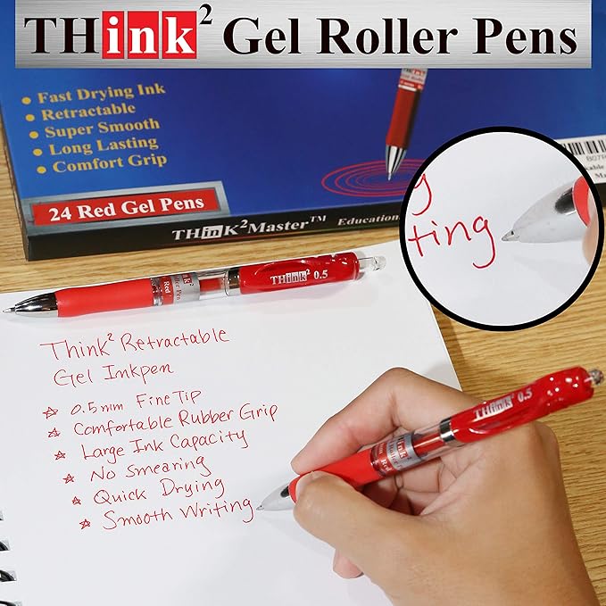 [24 Pens - Red Ink] Think2 Retractable Gel Pens. (24 Red) Fine Point (0.5mm) Rollerball Pens with Comfort Grip. PLEASE REMOVE THE WAX TIP ON THE POINT OF THE PEN BEFORE USING THE PEN.